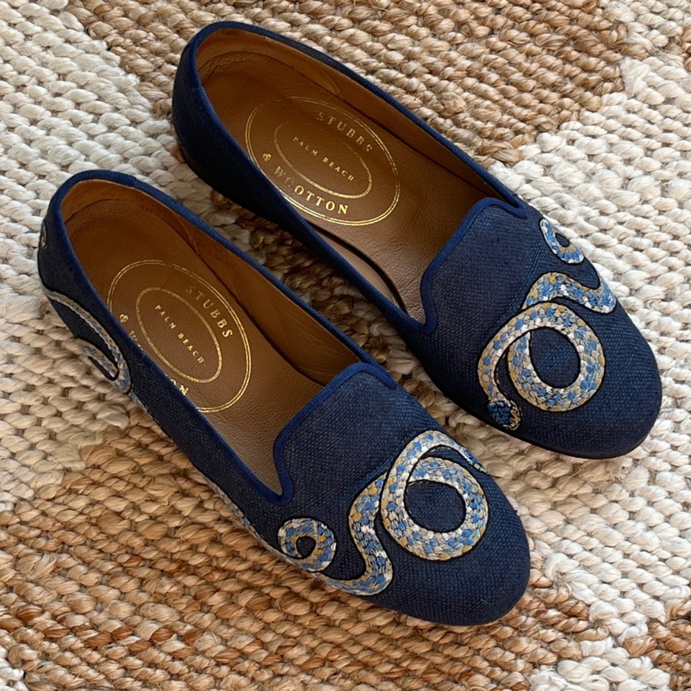 Women’s Stubbs & Wootton Snake Indigo Loafer in Linen - Size 6